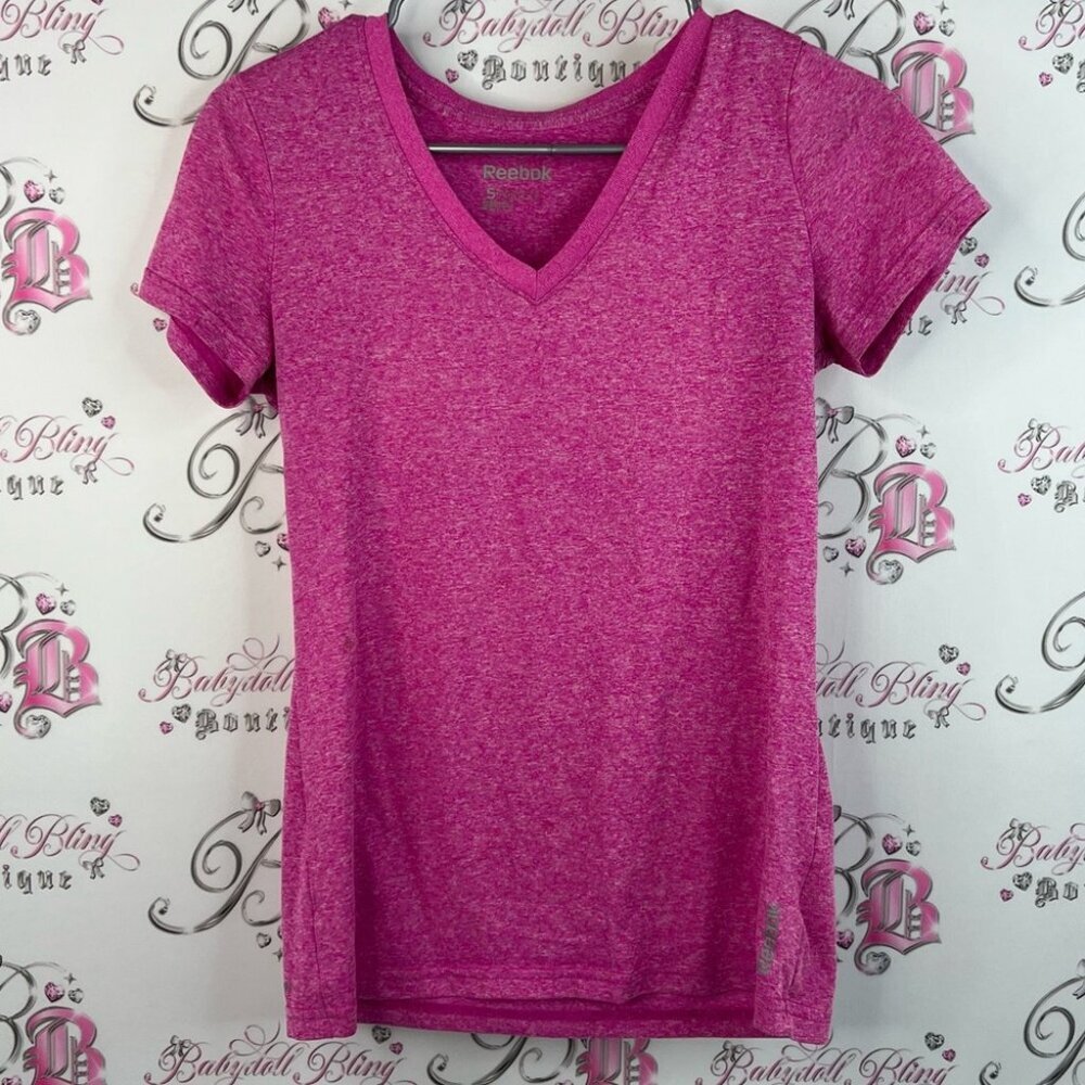 Reebok play dry tshirt tee pink bright Women's Heathered Pink V-Neck Tee